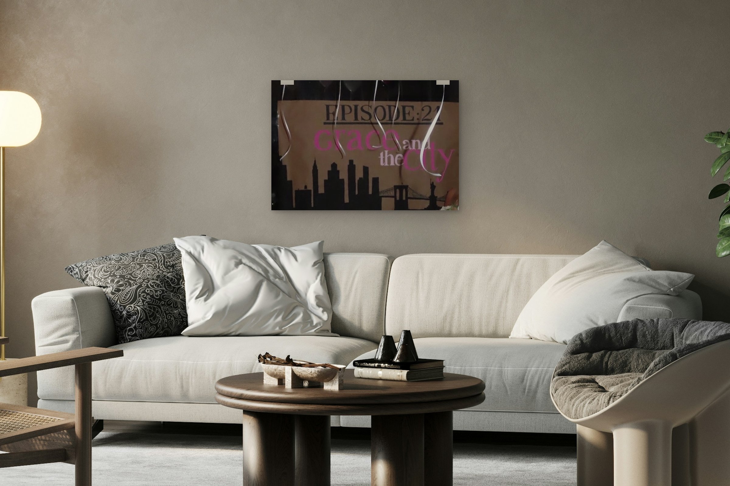 Grace and the City hung on a gallery wall