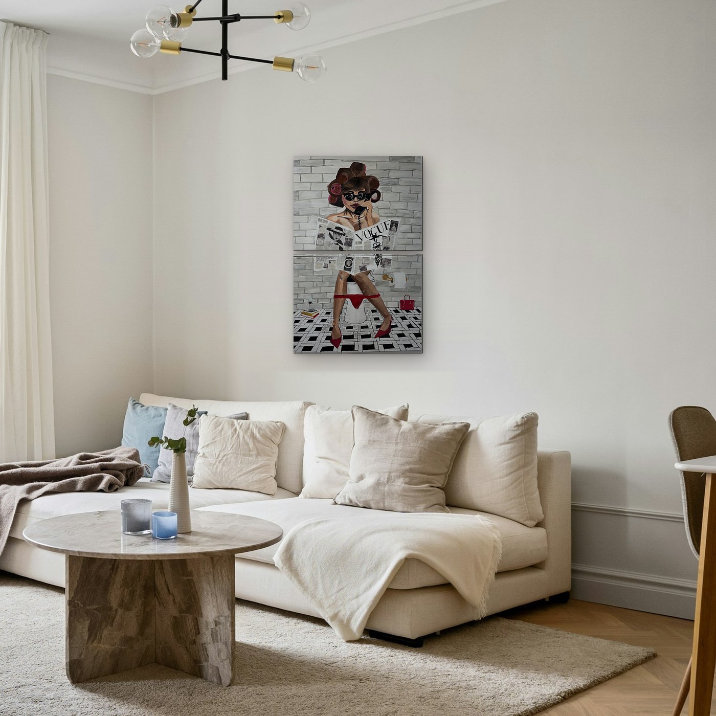 Glamorous Chaos, a two-panel painting of a glamorous woman reading Vogue, shown in a living room